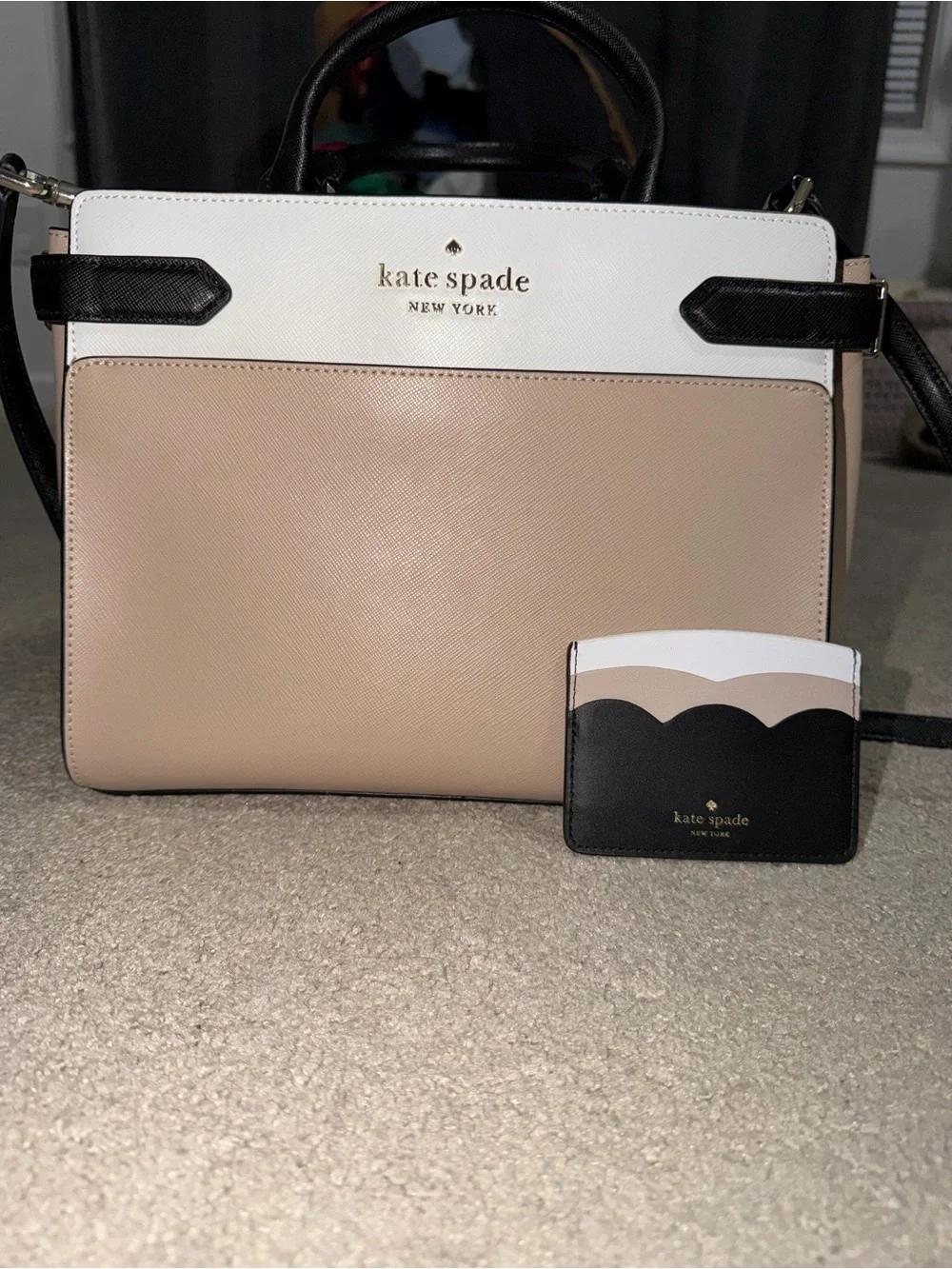 kate spade Colorblock Pebble Leather Satchel in Beige, White & Black